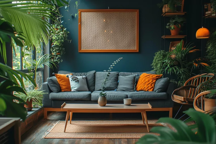 Home office room with chair & sofa vases on the wooden ply