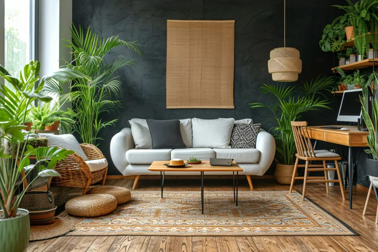 Home office room with chair & sofa vases on the wooden ply