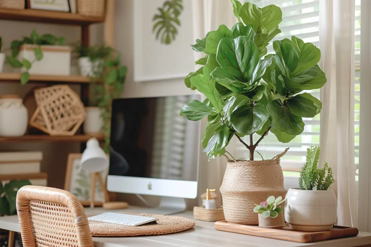 Home office room with vases on the wooden table