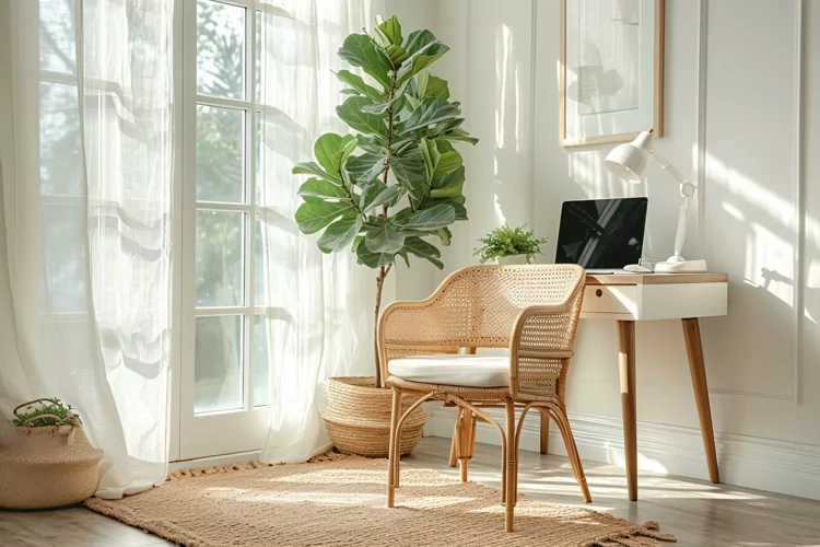 Home office room with vases on the wooden table