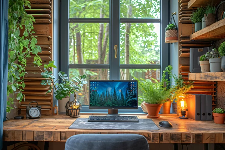 Home office room with vases on the wooden table