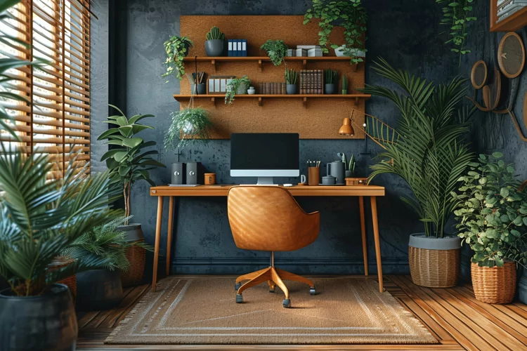 Home office room with vases on the wooden table