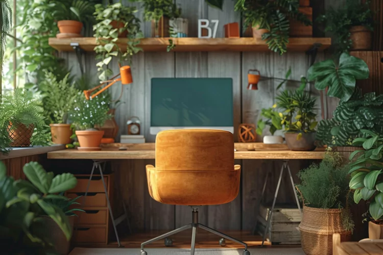 Home office room with vases on the wooden table