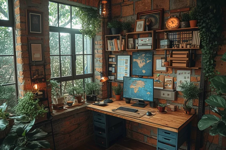 Home office room with vases on the wooden table