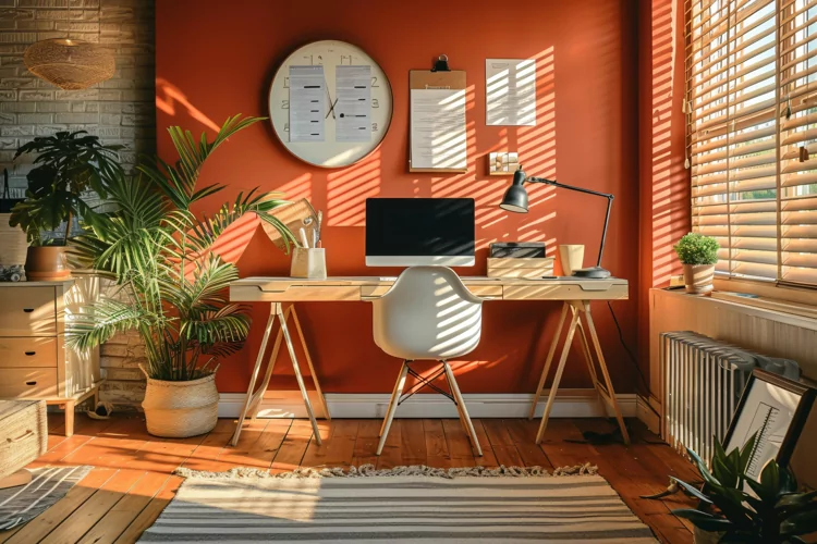 Home office room with vases on the wooden table