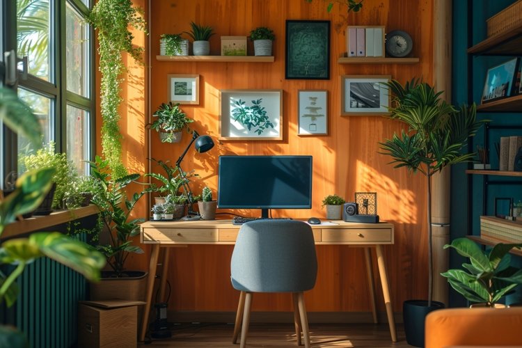 Home Workstation laptop and Desk Sunlight from window example image 1