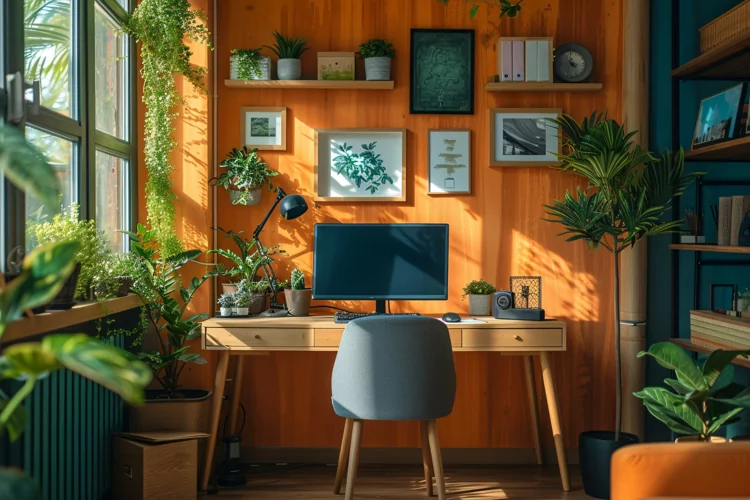 Home Workstation laptop and Desk Sunlight from window