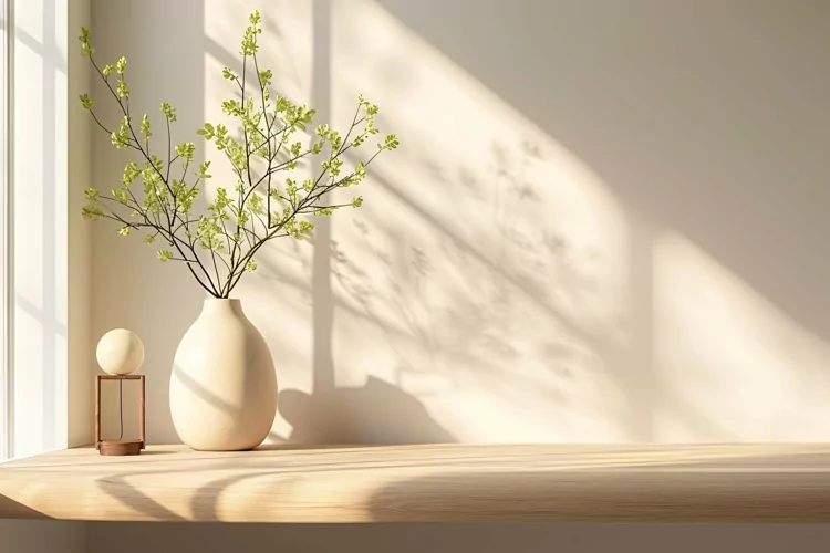 Home with vase on the Wood ply Sunlight from window