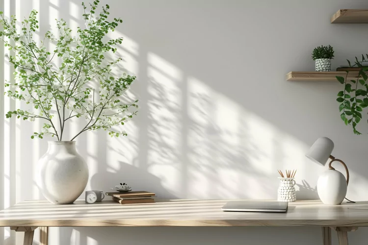 Home with vase on the Wood ply Sunlight from window