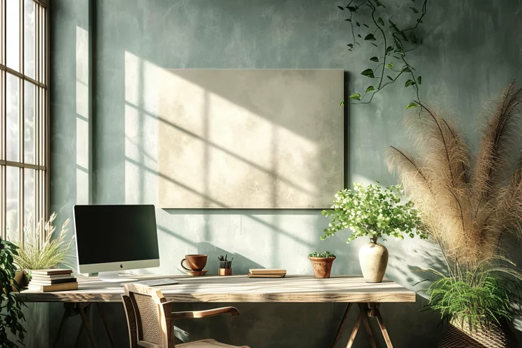 Home room Vases and laptop Desk Sunlight from window