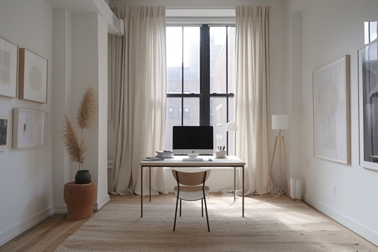 Home office room with computer on the table & back to cloth example image 1