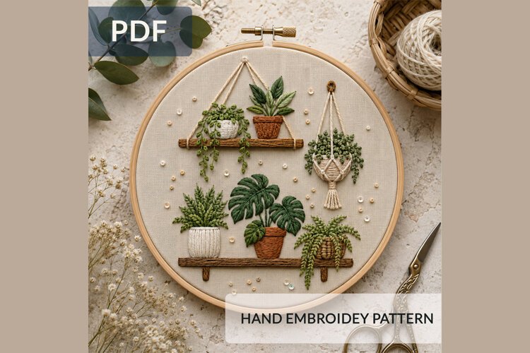 Houseplants Embroidery Pattern PDF, Botanical Shelf Hoop Art example image 1