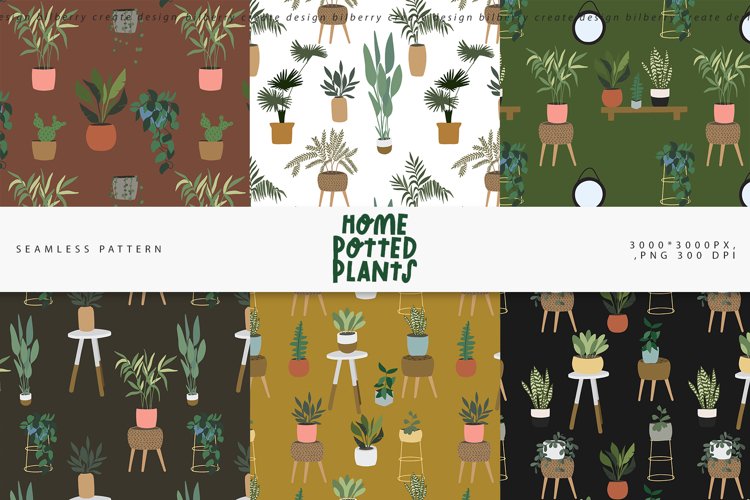 House plants seamless pattern, Potted Plants Digital Paper