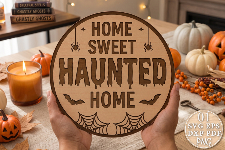 Home Sweet Haunted Home Halloween Door Sign SVG example image 1