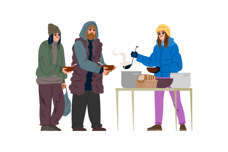 Volunteer giving warm meal to homeless people