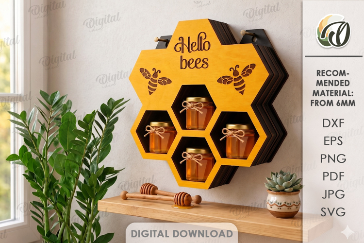 3D Bee Shelf Laser Cut. Honey Jar Storage Wall Hanger SVG