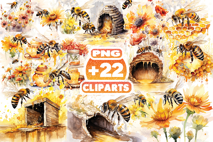 Honey Bee Watercolor Clipart Bundle | Bee and Flower PNG
