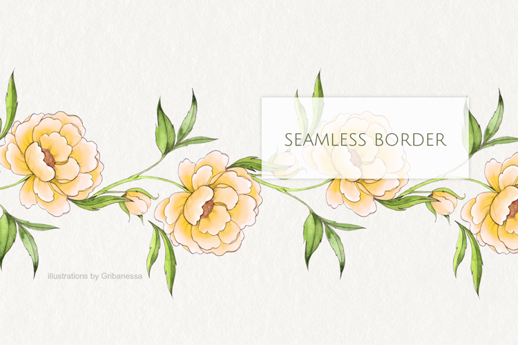 Honey Peony Watercolor Seamless Border Clipart
