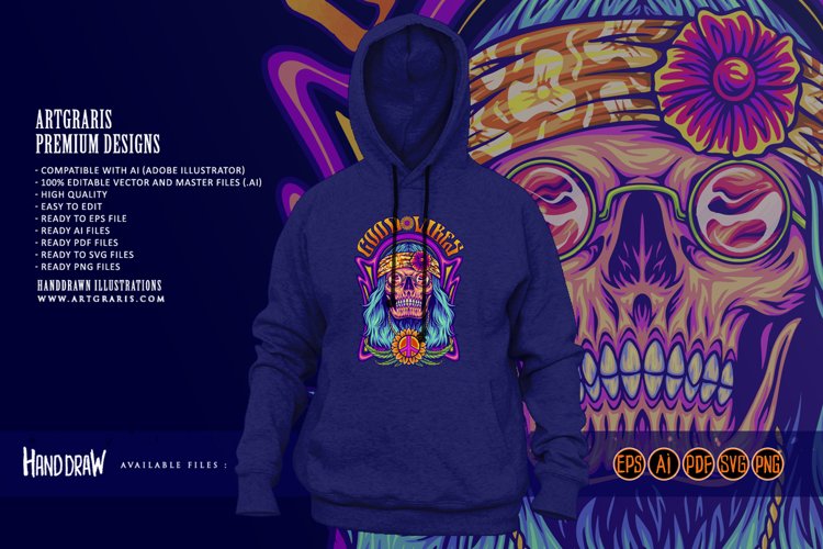 Human skull dressing bohemian hippie style good vibes example image 1