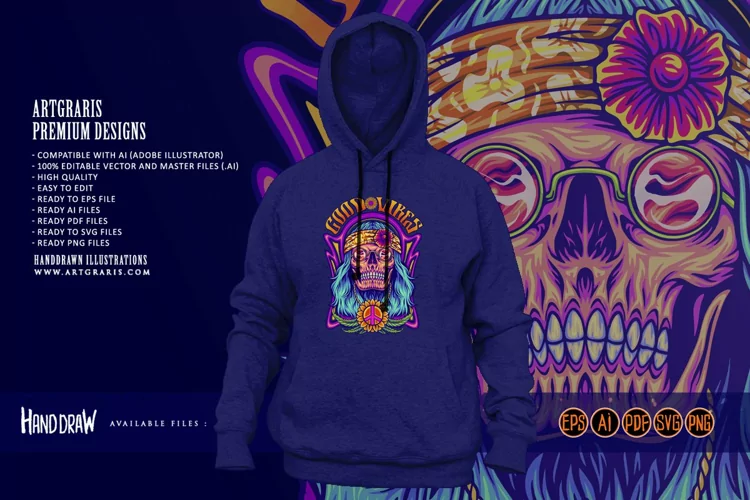 Human skull dressing bohemian hippie style good vibes