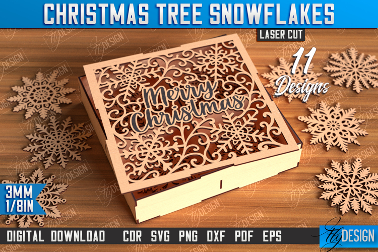 Snowflake Christmas Tree Ornament with Gift Box Laser Cut