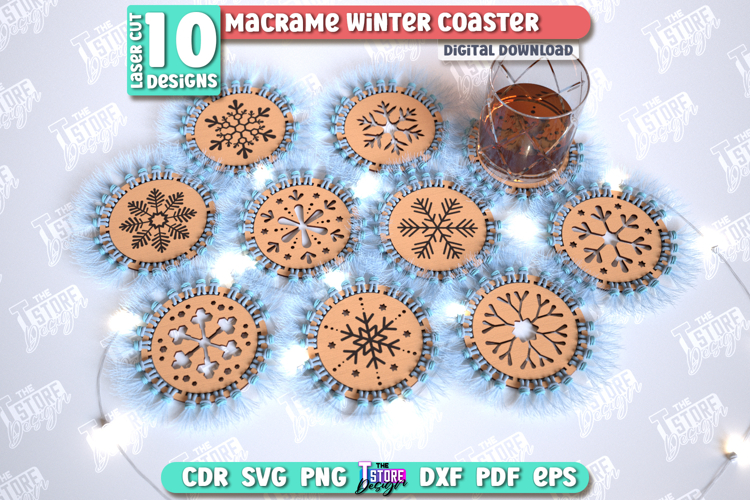 Macrame Winter Coasters Laser Cut Bundle, Christmas Coasters