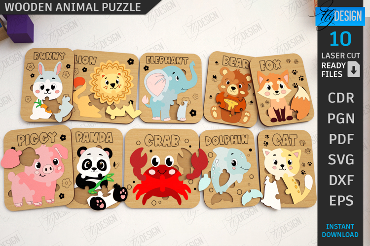 Kids Blocks Puzzle with Animals Laser Cut Bundle|Wooden Game