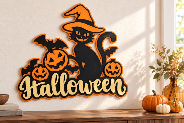 Halloween Cat and Pumpkins Layered Laser Cut Files example image 1