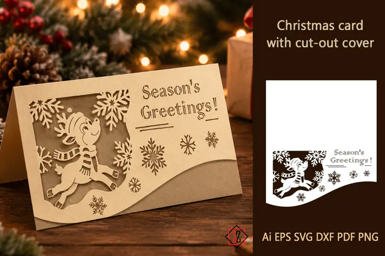 Horizontal Christmas card with a cut-out design.
