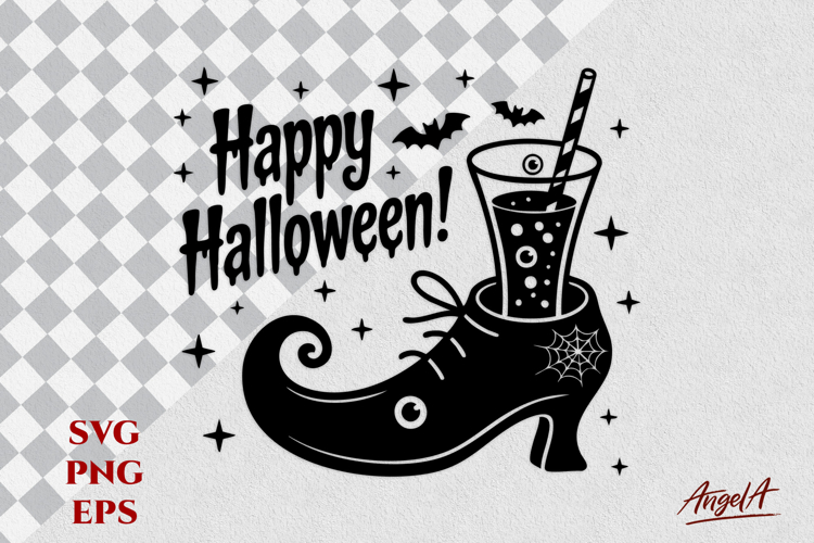 Happy Halloween text Witch boot silhouette witches brew SVG
