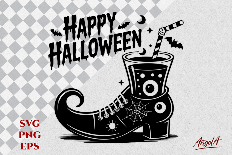 Happy Halloween text Witch boot silhouette witches brew SVG
