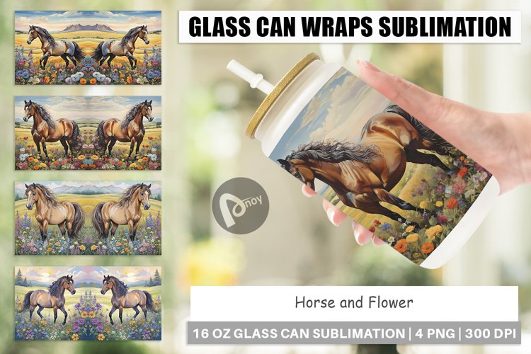 Glass Can Wraps Horse and Flower