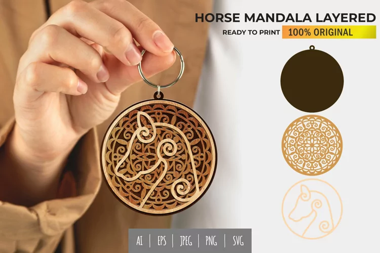 Horse and Mandala Circular 3D Layered Keychain Lasercut