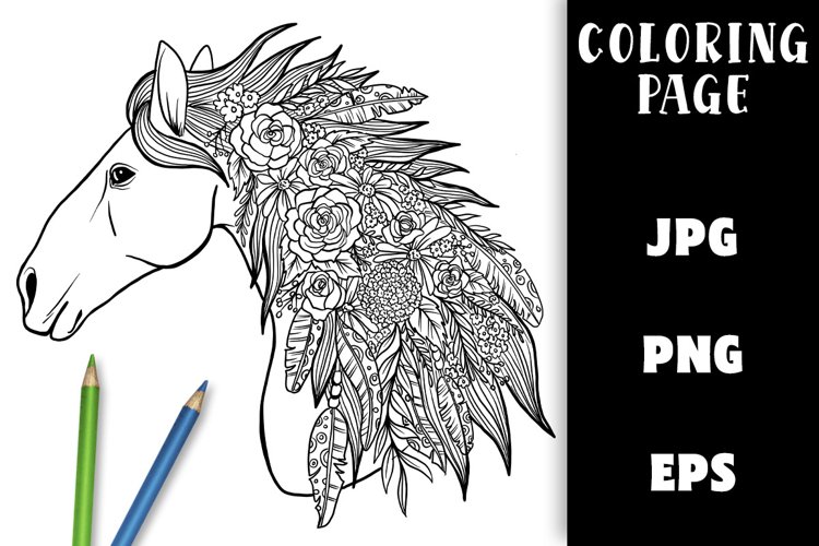 Horse Coloring Page with Flowers and Feathers example image 1