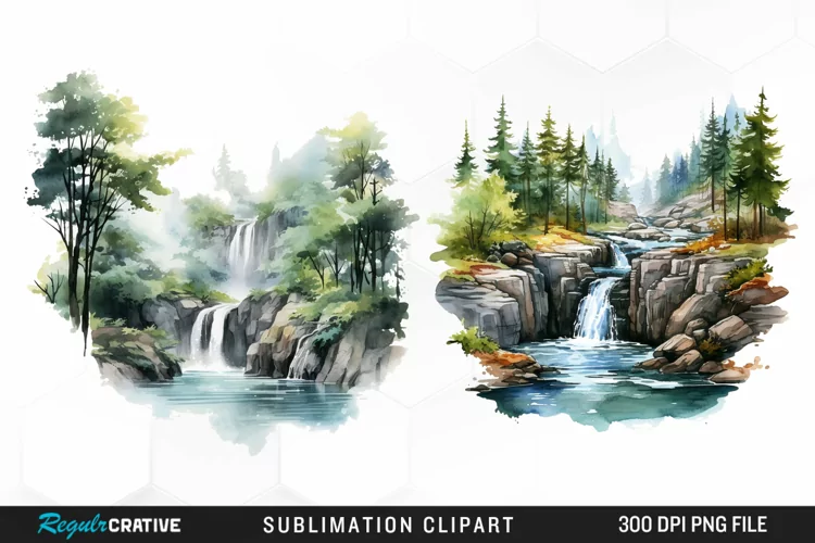 Watercolor Forest Waterfalls Illustration PNG Clipart