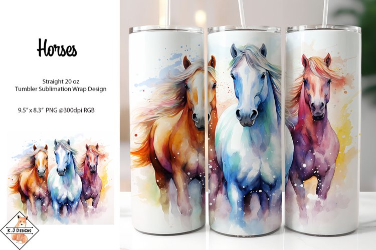 Horses Watercolor Tumbler Sublimation Wrap Design