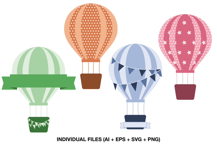 Cute hot air balloon clipart set with pastel colors, banners, stars and polka dot details.