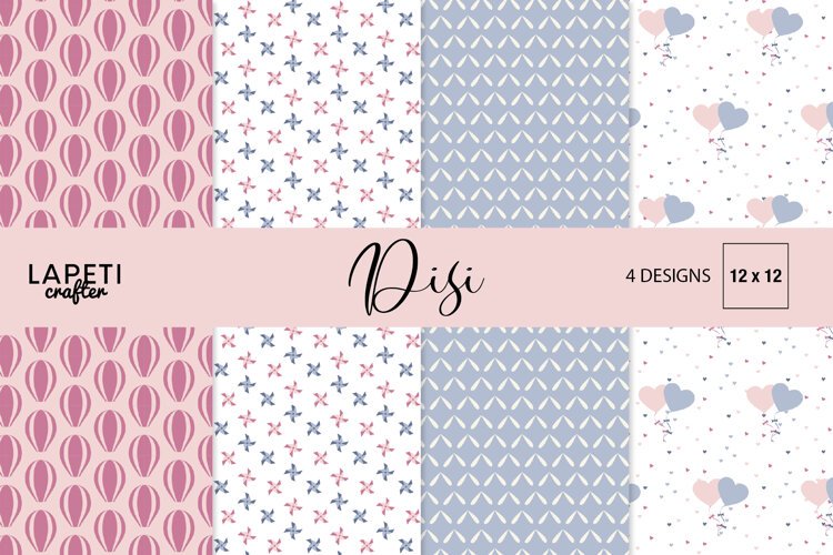 Four digital papers with hot air balloons, pinwheels, heart balloons and soft blue coordinating patterns
