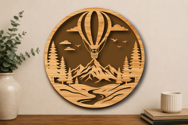 Hot Air Balloon Mountain Landscape Round Laser Cut