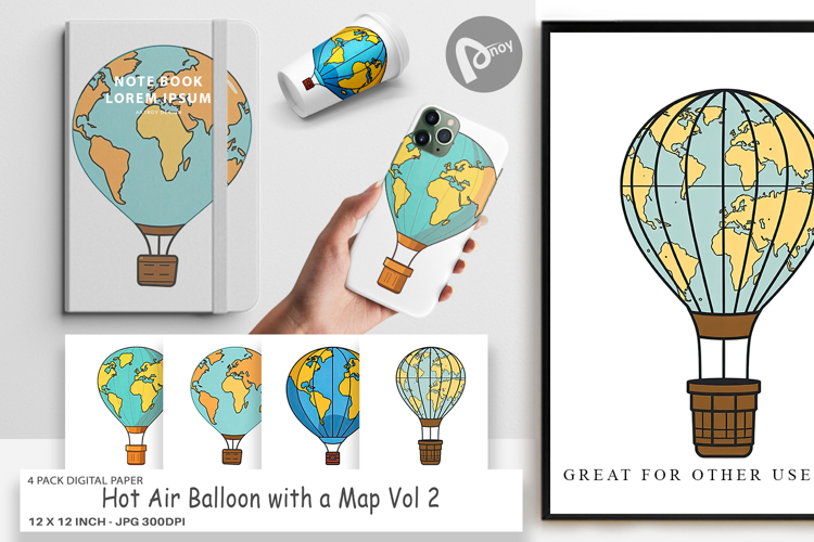 Digital Paper Map Hot Air Balloon