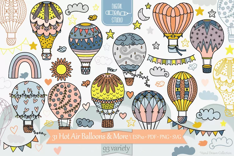 Vintage Hot Air Balloons Color, Sun, Rainbow, Heart, Banner