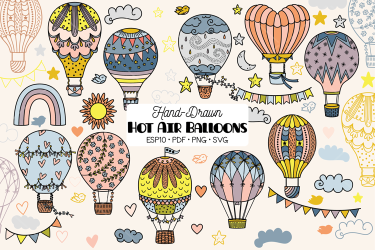 Vintage Hot Air Balloons Color, Sun, Rainbow, Heart, Banner