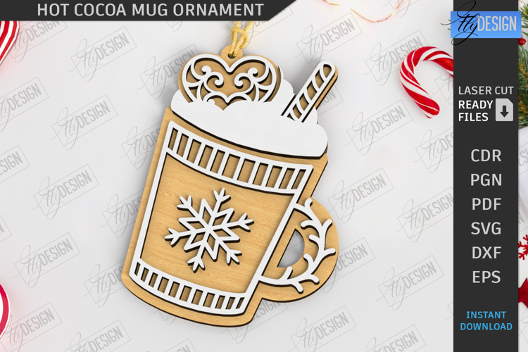 Hot Cocoa Mug Ornament Laser Cut | Christmas Hanging Cup SVG