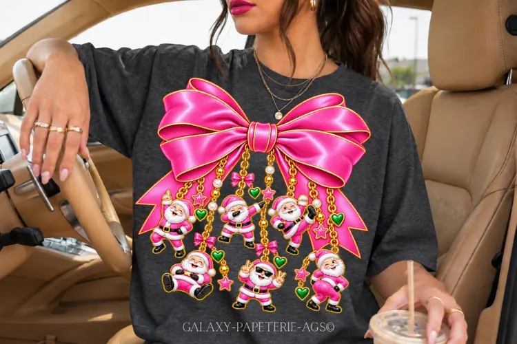 Hot Pink Santa Bow PNG with Dancing Santa Charms