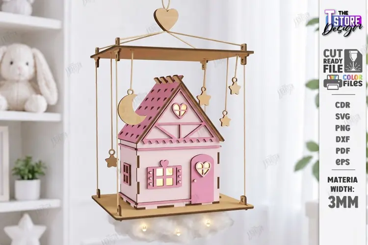 House in Clouds Mobile Laser Cut | Hanging Nursery Mobile