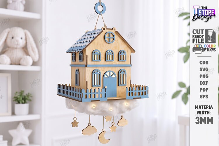 House in Clouds Mobile Laser Cut | Hanging Nursery Mobile example image 1