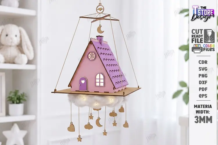 House in Clouds Mobile Laser Cut | Hanging Nursery Mobile