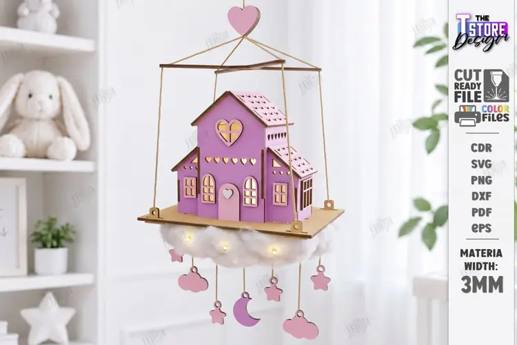 House in Clouds Mobile Laser Cut | Hanging Nursery Mobile