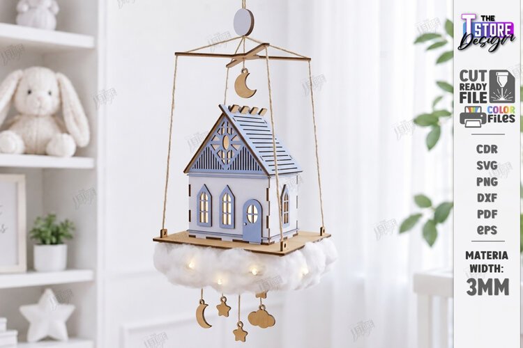 House in Clouds Mobile Laser Cut | Hanging Nursery Mobile example image 1