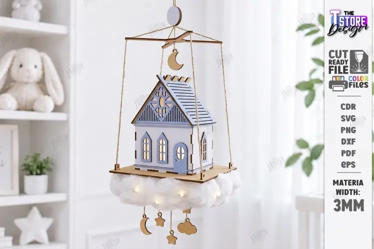 House in Clouds Mobile Laser Cut | Hanging Nursery Mobile